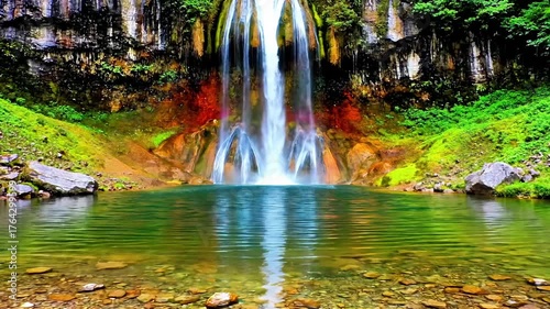 Discover the beauty of a serene waterfall in a lush green landscape during summer