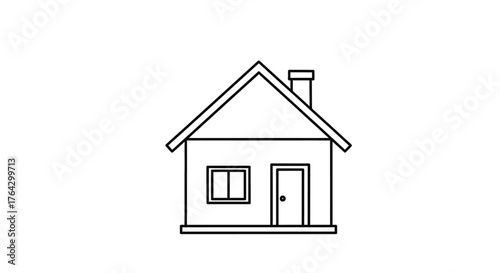 Simple black and white line drawing of a classic house with chimney
