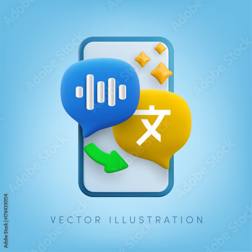 Vector cartoon 3d language translation mobile app banner. Realistic 3d render voice message, foreign text speech bubble, arrow, sparkle on smartphone. Smart sound recognition, voice translation.