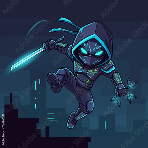 Chibi Ninja with Glowing Sword and Butterflies in a Dynamic Pose.