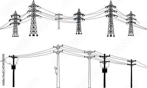 Electric power transmission towers and utility poles with cables and transformers, energy distribution system design, cad drawing flat vector illustration