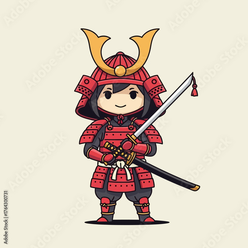 Cute Chibi Samurai Warrior with Katana Sword Illustration.