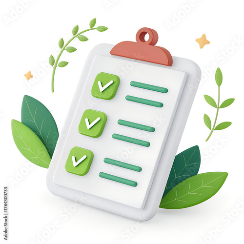 3D Rendered White Clipboard with Green Checkmarks and Leaves Symbolizing Eco-Friendly Task Completion