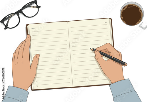 Hand writing in open notebook with pen, top view workspace with coffee and glasses, cad drawing flat vector illustration