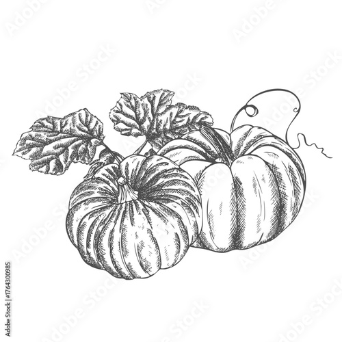 Ink sketch of pumpkin isolated on white background. Hand drawn vector illustration.