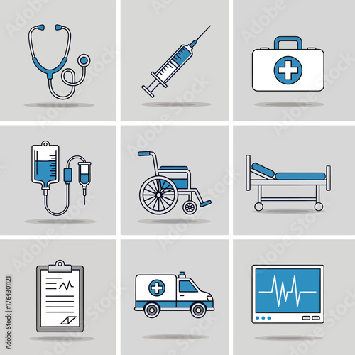 A grid of nine medical icons including a stethoscope, syringe, first aid kit, IV bag, wheelchair, hospital bed, medical chart, ambulance, and heart monitor, all in a clean, modern style.