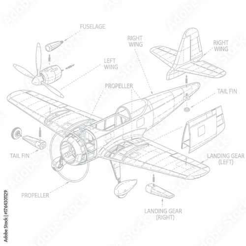 Detailed blueprint of a propeller-driven airplane model, illustrating its various components and assembly.