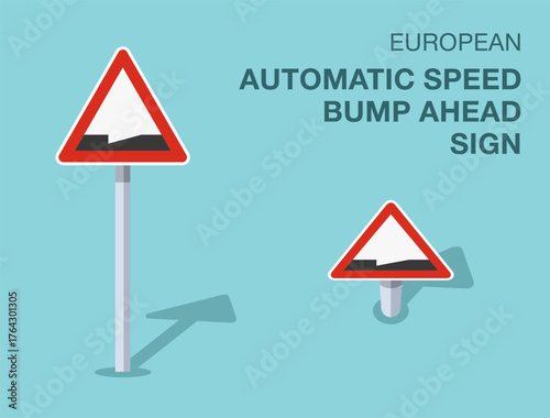 Traffic regulation rules. Isolated european "automatic speed bump ahead" road sign. Front and top view. Flat vector illustration template.
