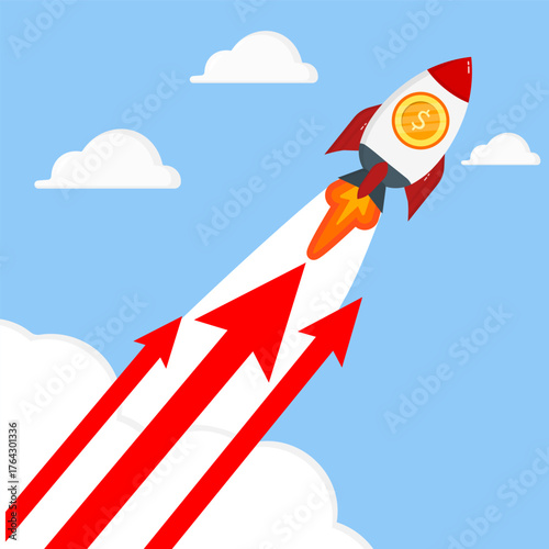 Business growth rocket launching upward with red arrows, symbolizing financial success, startup progress, and rapid market expansion against blue sky and clouds.