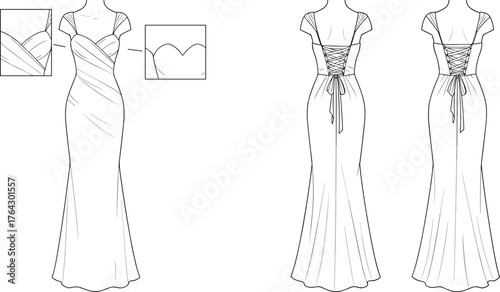 Elegant long evening gown fashion flat sketch with draped front and lace-up back detail, formal dress design, cad drawing flat vector illustration