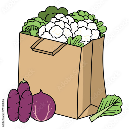 Paper shopping bag contains cauliflower and broccoli with radicchio and purple carrots scattered nearby