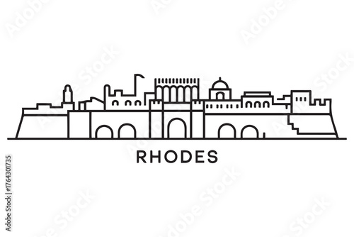 Rhodes Line Art skyline silhouette. Black Rhodes city design. with white background