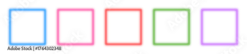 Neon square vector icons, Glowing geometric elements, Bright outline forms and Vibrant box frames
