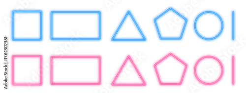 Neon geometric shapes vector icons, Glowing abstract forms, Bright design elements and Luminous basic figures