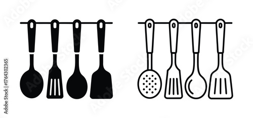 Collection of kitchen utensil silhouettes including cookware and tools. Vector icons for cooking, culinary preparation, food service and kitchenware design
