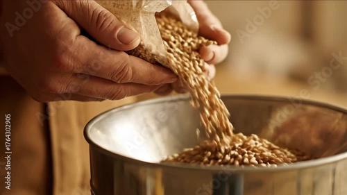 Golden Grains Cascade: A Captivating Visual of Harvesting and Preparing Nutritious Ingredient for Food Production or a traditional recipe