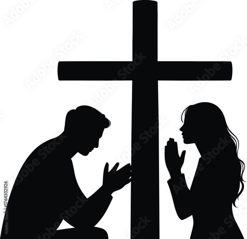 Silhouette of two people praying before cross, Christian faith devotion, religious worship illustration, spirituality concept, kneeling believers, religion symbol graphic