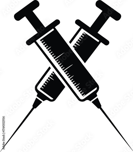 Crossed black syringes medical symbol, vaccination concept, healthcare illustration, injection equipment, pharmaceutical design, sterile needle icon, public health awareness graphic