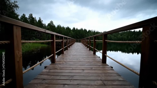 Wallpaper Mural Serene vertical view of wooden bridge over calm water. Nature landscape features lush greenery and dramatic clouds. Perfect for relaxation and travel themes. Torontodigital.ca