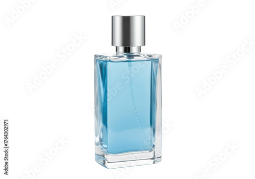 Elegant blue perfume bottle isolated, fragrance container for men and women on transparent background in PNG format
