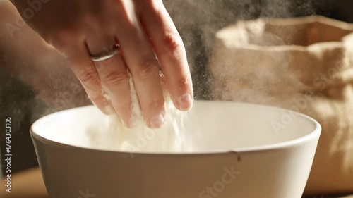 Artisanal Baking: Slow Motion Flour Sifting into Bowl, Preparation for Homemade Bread or Pastries with Natural Light, Culinary Arts