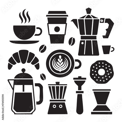 Black coffee shop icons including cups croissant donut and brewing equipment moka pot