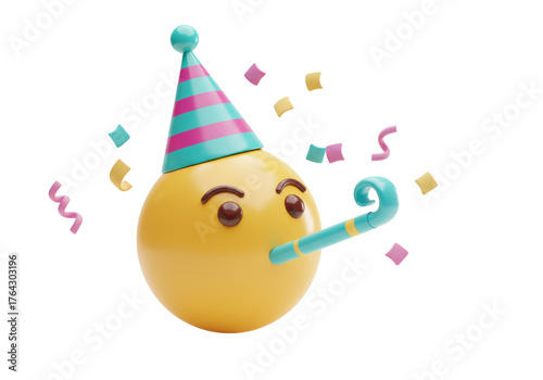 Obraz na płótnie Party face emoji with hat and noisemaker isolated PNG, yellow emoticon celebrati
