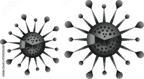 Stylized virus particles illustration with spikes, microbiology concept, infectious disease structure, viral cell design, medical science background, pandemic research graphic