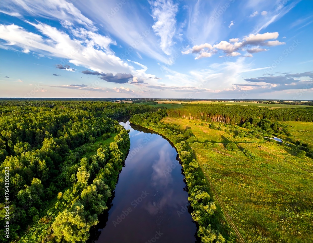 Obraz premium Aerial view of a winding river amidst lush green forest and fields