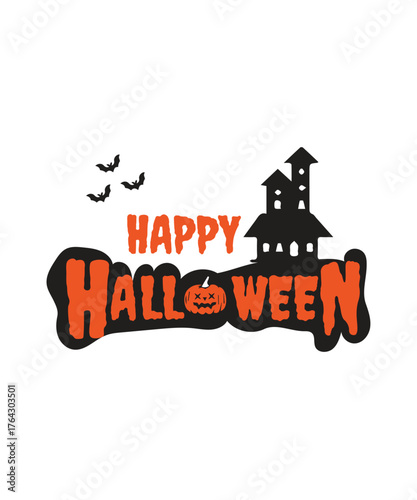 Happy Halloween text logo with bat on white background. Halloween party lettering logo, label, sticker, poster 