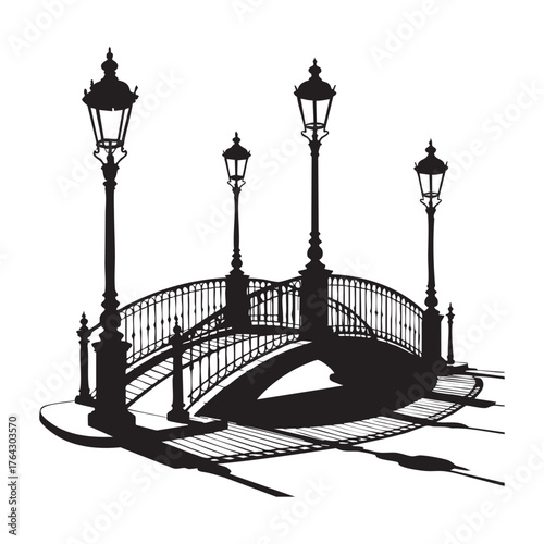 Black silhouette of ornate bridge with four lampposts and shadows black and white