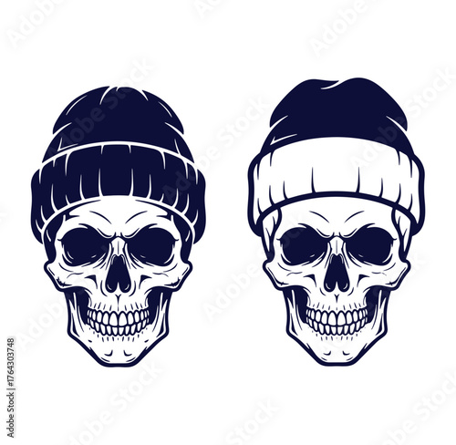 Two illustrated skull heads wearing beanies in a retro tattoo art style