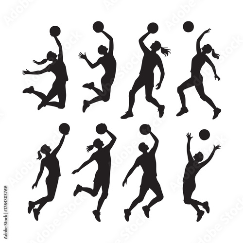 Black Silhouettes of Athletes Playing Volleyball and Basketball vector