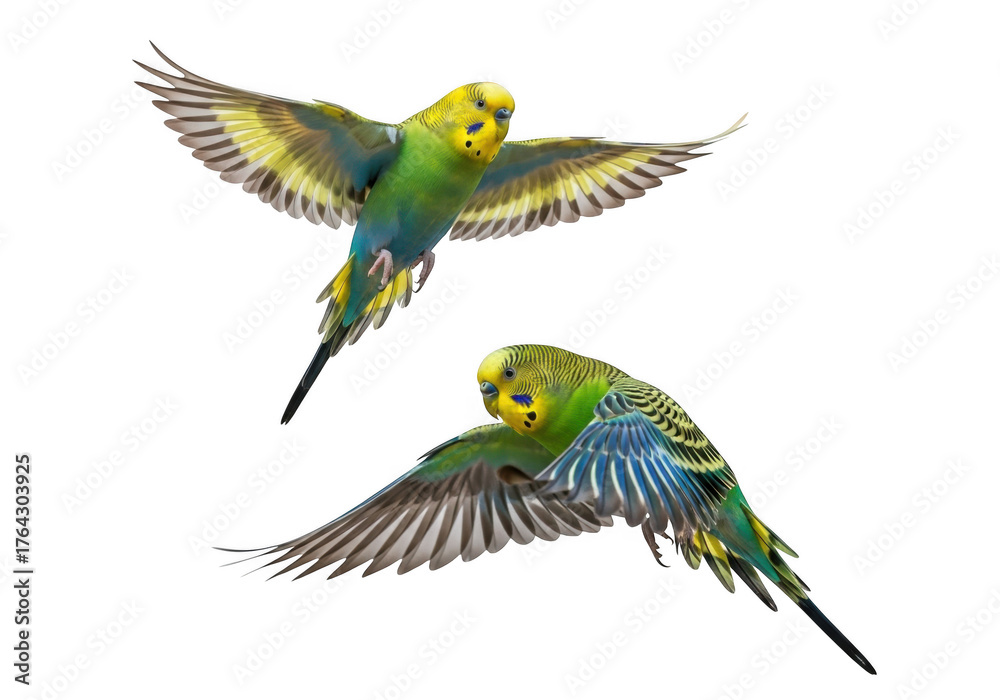 Obraz premium Two budgerigar parakeets flying, green and yellow plumage, wings spread, bird watching, wildlife photography, animal behavior, ornithology, isolated on transparent background