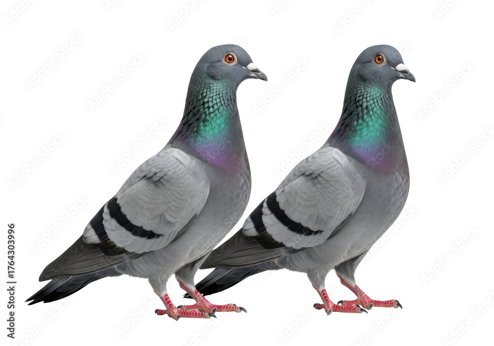 Fototapeta premium Two pigeons birds doves flying wildlife nature animal ornithology avian peace symbol gray feathers isolated on transparent background