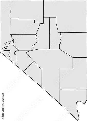 Grey vector political map of Nevada state outline with all internal county borders, filled with a solid grey color, presented as a map of the Western United States territory.