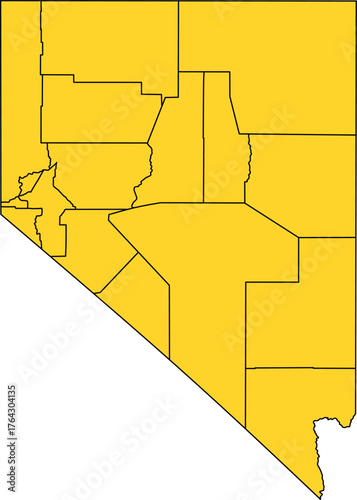 Yellow vector political map of Nevada state outline with all internal county borders, filled with a solid yellow color, presented as a map of the Western United States territory.