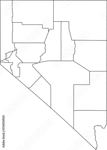 Vector political map of Nevada state outline with all internal county borders and administrative divisions, presented as a blank template map of the Western United States territory.