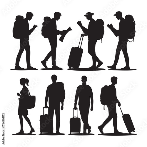 Black silhouettes of travelers with backpacks and luggage on white background suitcase