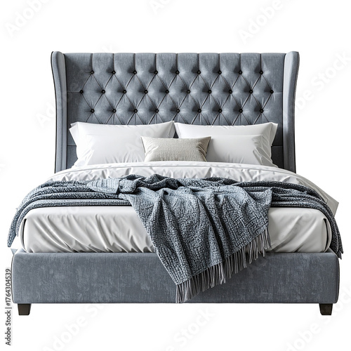 Luxurious Bed: A meticulously crafted bed, complete with tufted headboard, inviting pillows, and a soft blanket, offers a glimpse into refined relaxation and stylish comfort.