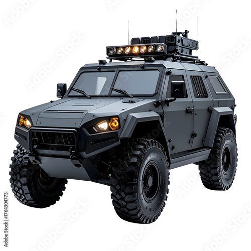 Armored Vehicle in Action: A rugged armored vehicle, designed for off-road combat, showcasing its robust design and technological prowess.