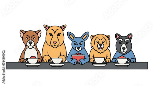 Whimsical illustration showcasing a diverse lineup of unique cartoon animal characters enjoying individual bowls of food
