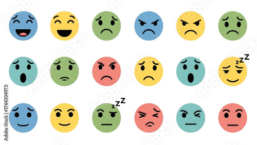 Collection of smiley faces expressing different emotions and moods