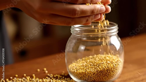 Filling a Jar with Golden Seeds: A Handful of Grain Transfer and Seeds Storage Process in the Wooden Table Top View Animation Sequence