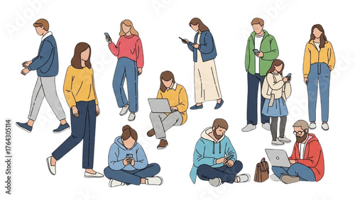 Collection of diverse people isolated by technology and social media in a modern concept