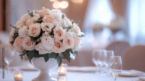Elegant floral centerpiece in a white vase on a table, with wine glasses and soft bokeh lights