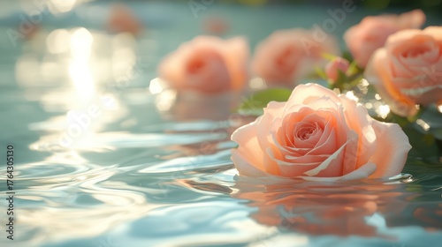 Soft focus image of delicate pale pink roses floating on rippling water with sunlight reflections