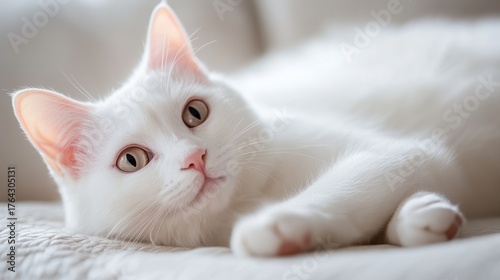 A relaxed, pure white feline resting on a light-colored bed, gazing with captivating eyes
