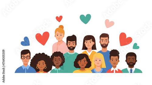 Diverse Group of People with Hearts Floating Above Them Illustration