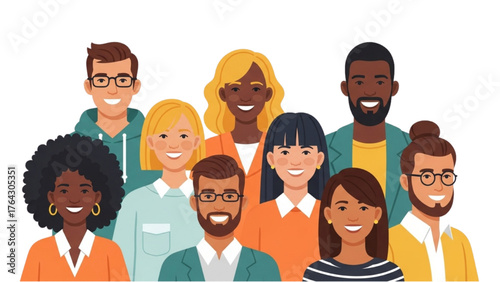 Happy multicultural business team standing together in a group portrait vector illustration
